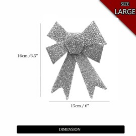 AKH® 6.5" x 6" Sparkling Christmas Glitter Tinsel Bows | Pack of 2 Xmas Bows | Tinsel Effect Christmas Bow Luxury Hanging Indoor Outdoor Christmas Tree Decoration Bows | Twist Tie On (Silver)