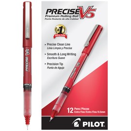 Pilot, Precise V5, Capped Liquid Ink Rolling Ball Pens, Extra Fine Point 0.5 mm, Red, Pack of 12