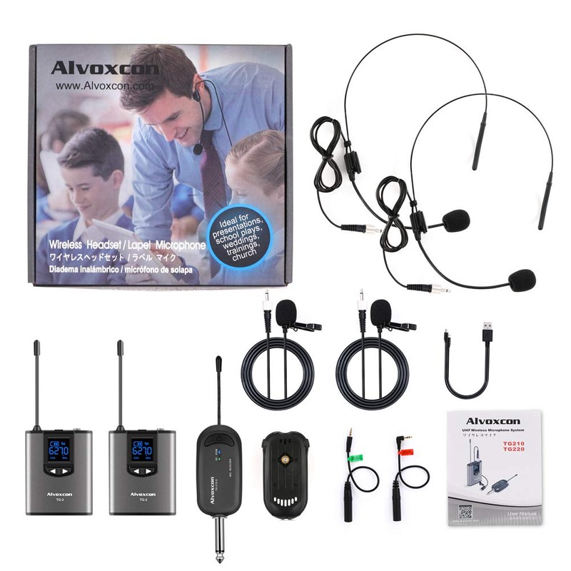Alvoxcon TG220 Wireless Microphone, UHF Pin Microphone, Wireless Headset Microphone,