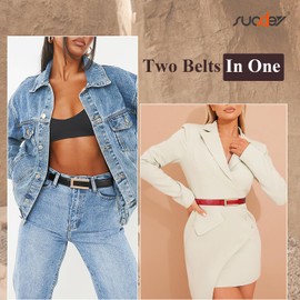 SUOSDEY 2 Pack Reversible Leather Belts for Women Adjustable Skinny Belt Ladies Belts for Dresses Jeans with Gold Buckle, Black/Brown+Black/Red