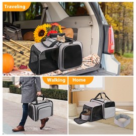 Cat Carrier with Litter Box, Expandable Cat Travel Carrier for Car with Bowl, Soft Sided Cat Carrier for Cats/Puppies up to 20 lbs, Grey