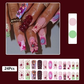 24Pcs Spring Summer Floral Press on Nails Long Coffin Fake Nails French Tip False Nails with 3D Relief Design Handmade Acrylic Nails Press ons 3D Colorful Flower Nails Glue-Free Nails for Women