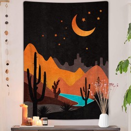 Boho Western Vertical Tapestry, Bohemian Mountain Desert Cactus Tapestries, Asthetic Minimalist Mid Century Sunset Tapestry Wall Hanging for Bedroom College Dorm Home Decor, 40X60IN