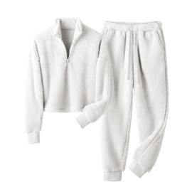 VATEAMI Fuzzy Pajamas Sets for Women Fleece Half Zip Pullover Tops and Jogger Pants Set 2Two Piece Sleepwear Loungewear (Ivory-L)