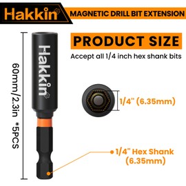 Hakkin Magnetic Bit Holder 5Pcs 60mm Impact Bit Holder S2 Steel Drill Bit Holder Professional 1/4” Hex Shank Extension Bit Holder for Impact Driver