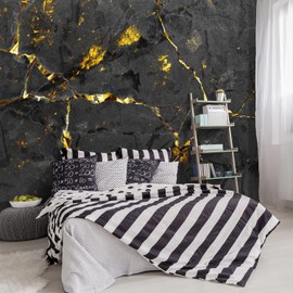 YIHWM -Black and Gold Marbled Fabric Wallpaper Dark Abstraction Art Living Room Bedroom Bathroom Wall Mural- 91"x65"（ not Peel and Stick）