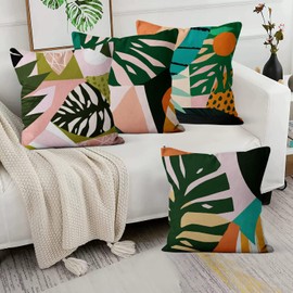 ASDCXZ Spring Pillow Cover 40x40 cm 4pcs Set, Abstract Green Leaves Sun Pink Sofa Cushion Cushion Covers Pillow Cover Washable Polyester Flax Textile Outdoor Upholstery Pillow Cover Pillow Cover