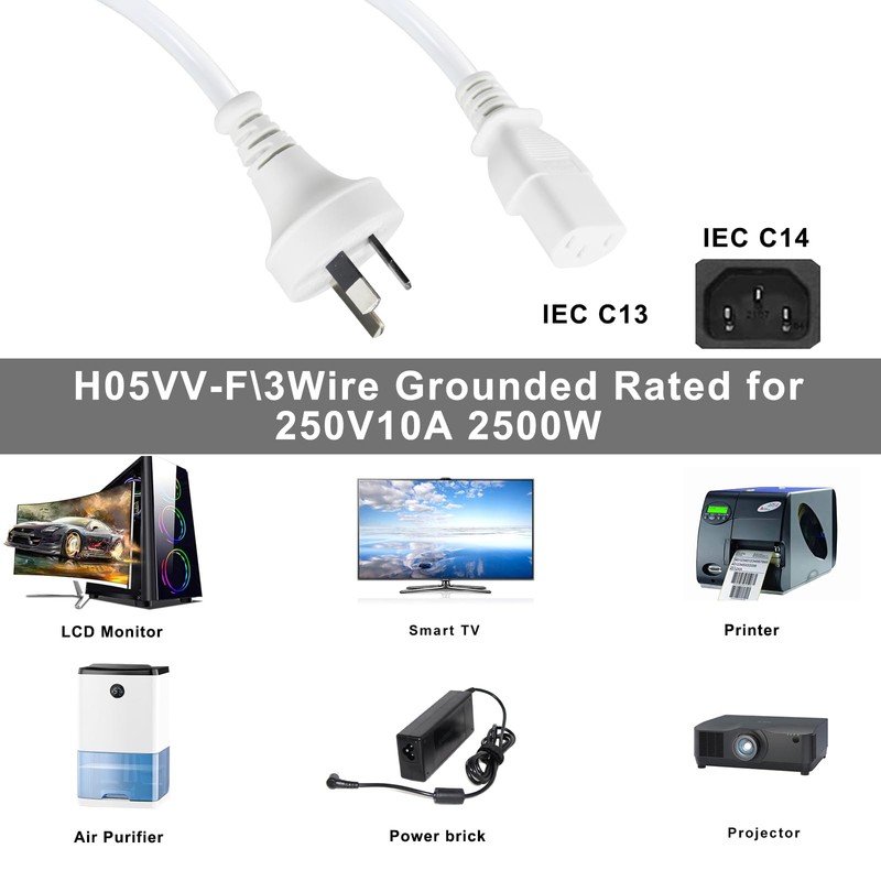 White PC IEC Power Cable 2m Ac 250V 10A Australian
