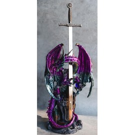 Ebros Gift Large Legendary Celtic Metallic Purple Armored Knight Dragon Holding Bronze Sword and Blue Orb Letter Opener Figurine Home Office Decorative Sculpture Medieval Dungeons Dragons