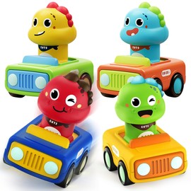 REMOKING Toys for 1 2 3 Year Old Boys, 4 Pack Press and Go Dinosaur Toys Car for Baby 18 Months+, First Birthday Gifts for Toddler Age 1-2