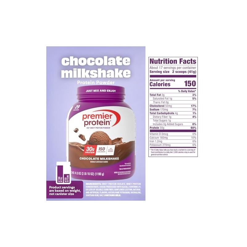 Premier Protein Powder, Chocolate Milkshake, 30g Protein, 1g Sugar, No