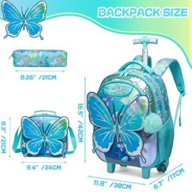 ZBAOGTW Butterfly Rolling Backpack for Kids 8-12 Girls Rolling Backpack Kids Trolley School Bag with Wheels Roller Backpacks for Girls Cute Schoolbag with Lunch Bag Set for Elementary