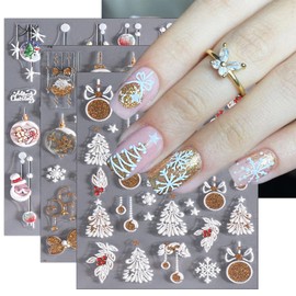 Christmas Glitter Nail Art Stickers Winter Xmas Nail Decals White Red Gold Glitter 5D Embossed Self-Adhesive Santa Tree Christmas Holly Leaves Snowflake Rhinestones Nail Design Supplies for Women Girl