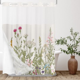 Tititex No Hooks Snap in Liner Vintage Wildflower Botanical Herbs Shower Curtain Sets, Hotel Luxury Double Layers Waterproof Fabric & See-Through Top Window Bathroom Decorative 72x72 Inch