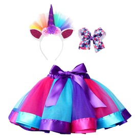 Livingston Purple Toddler Tutu Skirt with Unicorn, Girl's Rainbow Ballet Skirt Tutu Set,2-5Y