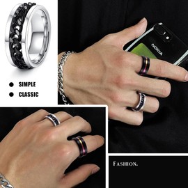Adramata Men's Stainless Steel Rings Set, Anxiety Rings, Cool Band Rings, Anxiety Rings, Silver Black Ring for Men, Spinner Ring, Fidget Ring for Anti-Stress, Pack of 16, Stainless Steel