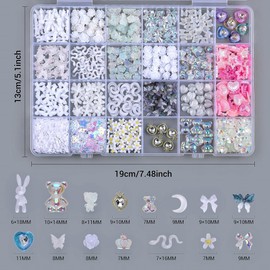 Sinyanail 3D Nail Charms Butterfly Bear Rose Flower Bow Snake Rabbit Animal Shaped Hollow Star Heart Pearls Jewelry for Nail Art Design DIY Crafts Accessories(White)