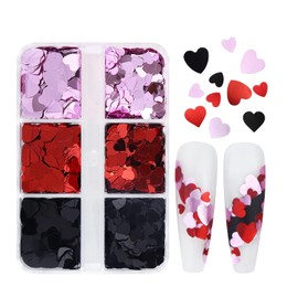 6 Grids Heart Nail Art Glitter Valentine's Day Nail Sequins 3D Heart Nail Flakes Supply Red Black Purple Heart Design Holographic Valentine Nail Decals Cute Nail Glitter for Acrylic Nail Decorations