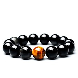Pingyongchang Tiger Eye Black Obsidian Beaded Bracelet Natural Stone Bracelets with a Unique Match 10MM or 12MM Beads Ancient Traditional Fashion Punk Meditation Jewelry Gift for Men Women-10