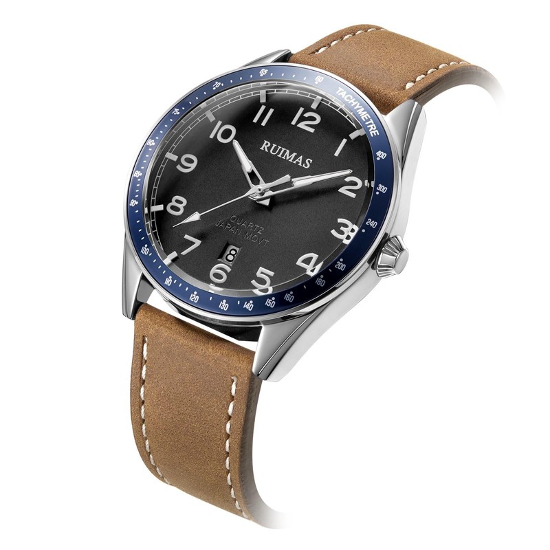 RUIMAS Men's Watch Fashion Japanese Quartz Watch Leather Band Black