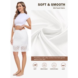 Lovasy Women's Satin Half Slips Soft Lace Underskirt Elastic Waist Half Slips for Under Dresses Ladies Short Silk Anti-Slips Petticoat Size UK 6-24,White,S