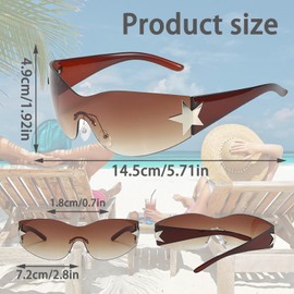 Hachera Pack of 3 Punk Rimless Glasses, Rimless Y2k Sunglasses, Y2K Wraparound Sunglasses, Wraparound Futuristic Glasses for Outdoor Use, Sun Protection in Summer, Everyday Wear, Black, white, brown