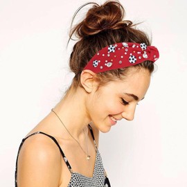 BAHABY Soccer Headbands for Women Crystal Soccer Embellished Wide Top Knot Headband for Women Game Day Hair Accessories (Red)