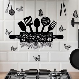 Kitchen Wall Stickers Decor Self-Adhesive Kitchen Wall Decals, Kitchen is The Heart of The Home Wall Decor Quotes Sign Utensil Art Decorations for Home Dining Room Coffee Shop