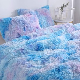 Wajade Faux Fur Plush Galaxy Blue Comforter Set Fluffy Fuzzy Shaggy Bedding Set - 3PC Full Size Microfiber Soft Warm Quilt Set