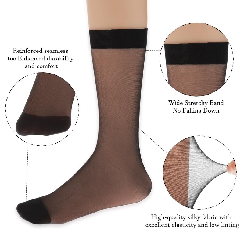 6 Pair Sheer Nylon Ankle Socks for Women Black Apricot