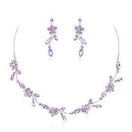 Crysdue Flower Bride Jewelry Set for Women Bridesmaid, Elegant Czech Diamond Floral Leaf Statement Necklace Dangle Earrings Set for Wedding Prom Party Light Purple Silver-Tone