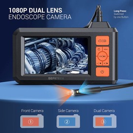DEPSTECH Dual Lens Industrial Endoscope, 1080P Digital Borescope Inspection Camera, 7.9mm IP67 Waterproof, Sewer Camera with 4.3" LCD Screen, 7 LED Lights, 16.5FT Semi-Rigid Cable, 32GB Card - Orange
