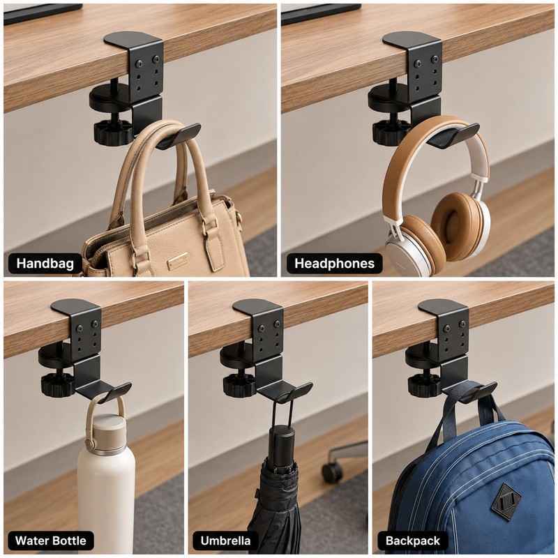 Clamp-On Desk Hook, 360° Rotating Purse and Backpack Hanger