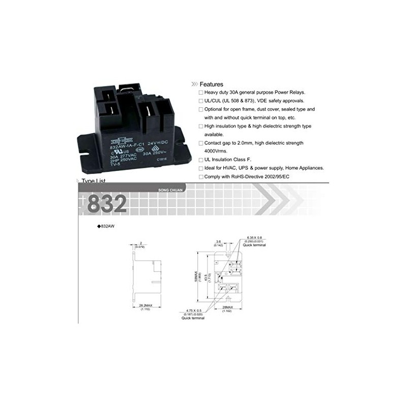 Song Chuan 832AW-1A-F-C1, 24VDC Relay, 240 VAC, 30A General Purpose