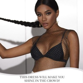 KEWUF Festival Top Women's Glitter Rhinestone Shiny Mesh Body Chain Tops - Sparkling Bikini Crop Top for Women Black Rhinestone Tops for Night Club Party Festival - Crew Neck