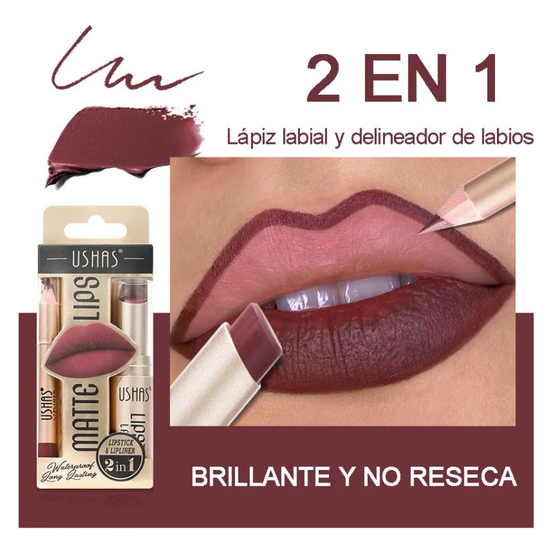 Set De Lapiz Labial Y Delineador Color Mate Impermeable 2pcs