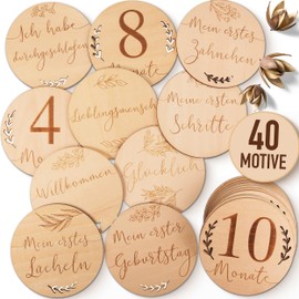 40 Wooden Milestones with Fabric Bag for Your Baby - Milestone Cards as a Gift Idea for a Birth, Christening, Pregnancy or Baby Shower - 20-Piece Set [German language]