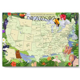Top Zoos in the USA Travel Map Art - Animal and Wildlife Print - Modern Kids Room Decor (36x24 inches)