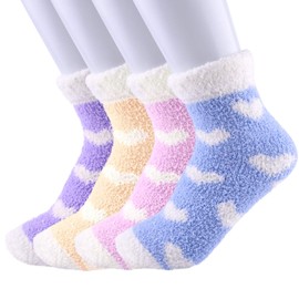 FEPITO 4 Pairs Women Fuzzy Bed Socks Winter Fluffy Cozy Socks Slipper Socks for Ladies(Random Color)