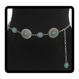 Navoky Concho Western Belt Woman Turquoise Cowgirl Waist Chain Silver Country Concert Outfit Body Jewelry Accessories (F, S)