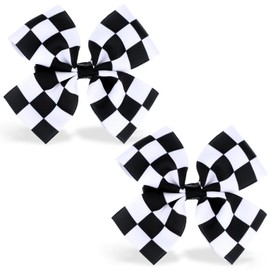 Nogeqi 2PCS Checkered Bow, Black and White Checkered Hair Clips, Racing Flag Checker Pigtail Hair Accessories for Women Girls Racing Fans(4 Inch)