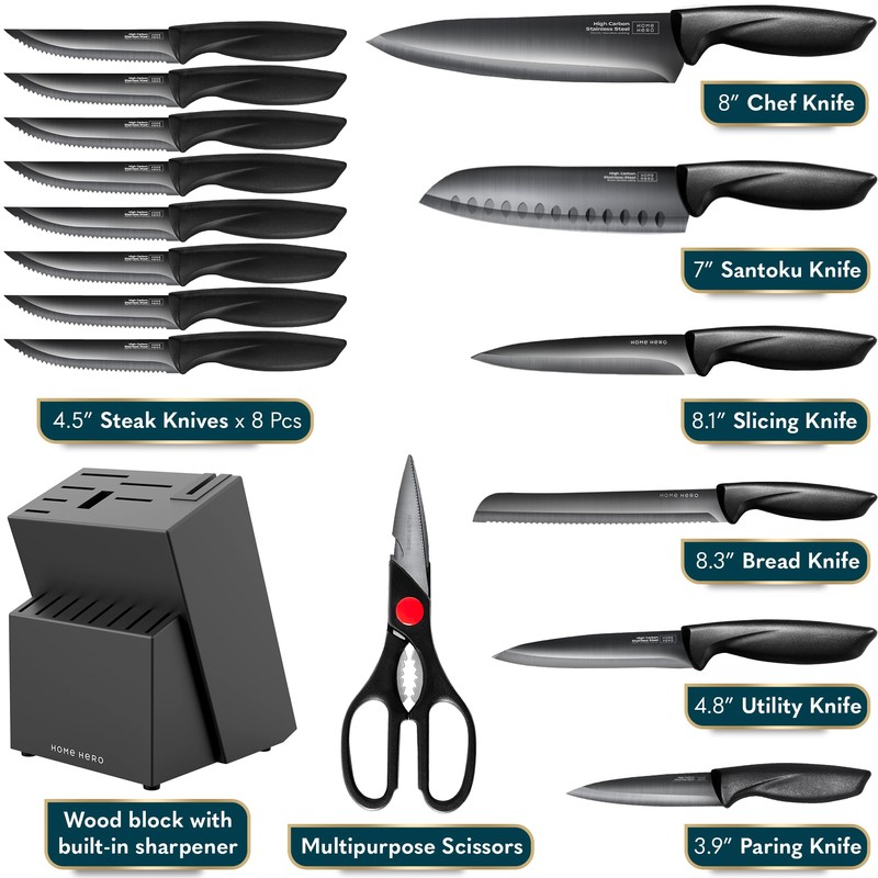 Home Hero Kitchen Knife Set with Sharpener - High Carbon