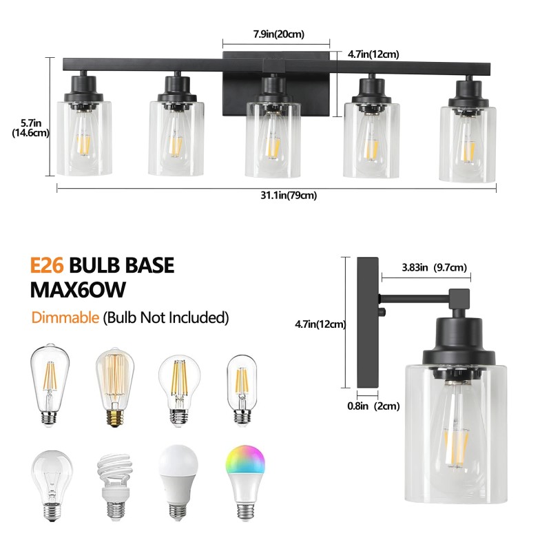 31" Modern Black 5-Light Bathroom Vanity Light Fixture, Industrial Wall