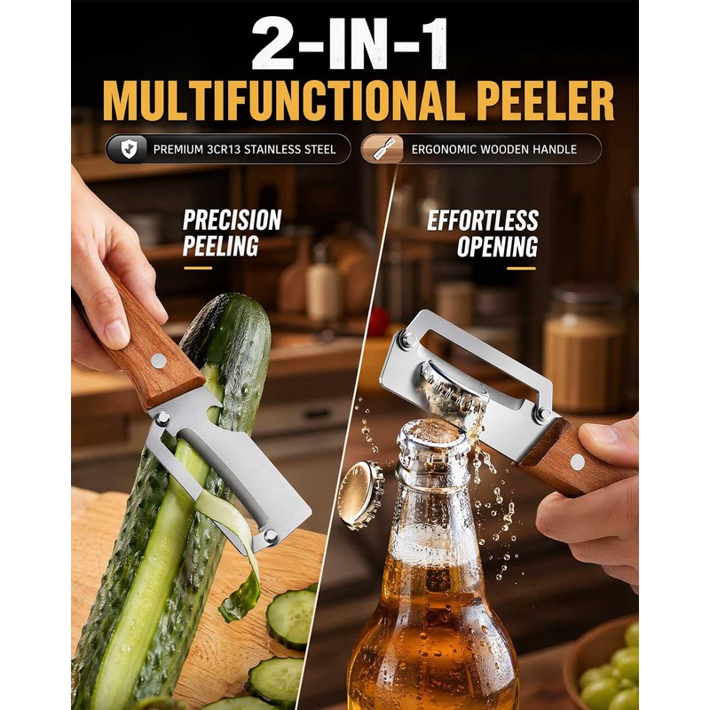 Vegetable Peeler 2-in-1 with Wooden Handle & Bottle Opener –