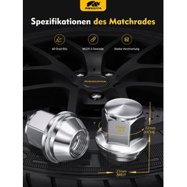 MIKKUPPA M12x1.5 Wheel Nuts - Replacement for 2006-2020 Ford Fusion, 2012-2018 Focus, 2001-2022 Escape, 2011-2019 Fiesta, 2013-2020 EcoSport, One Piece Chrome OEM Factory Style Bulge Acorn Seat Lug