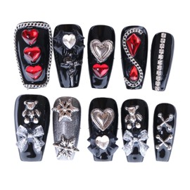 PN-001 Press-On Nails Reusable Artificial Nails Glamour Fingernails Varnished Pack of 10 Gothic Style Heart Rhinestones Black