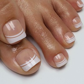 Press on toenails for women, ANYOS short french tip fake toe nails, solid square press on toes nails,24 pcs glue on toe nail press ons with 2 pack 48pcs jelly stickers and 1 glue (nude french 2 lines)