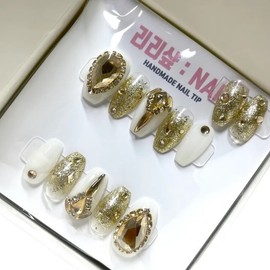 Queen of Gold Full Stone Handmade Nail Tips - Half and Half / 골드의 여왕 풀스톤 수제네일팁 - 반반