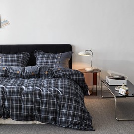 Simple&Opulence 100% Cotton Flannel Buffalo Check Plaid Printed Duvet Cover Set, 3 Pieces Bedding Set Including 1 Comforter Cover and 2 Pillow Shams, Soft and Comfortable (Queen,Dark Grey)