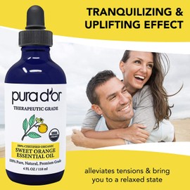 PURA D'OR PURA D'OR Organic Sweet Orange Essential Oil (4oz with Glass Dropper) 100% Pure & Natural Therapeutic Grade for Hair, Body, Skin, Scalp, Aromatherapy Diffuser, Energy, Mood, Vitality, Cleansing, Home
